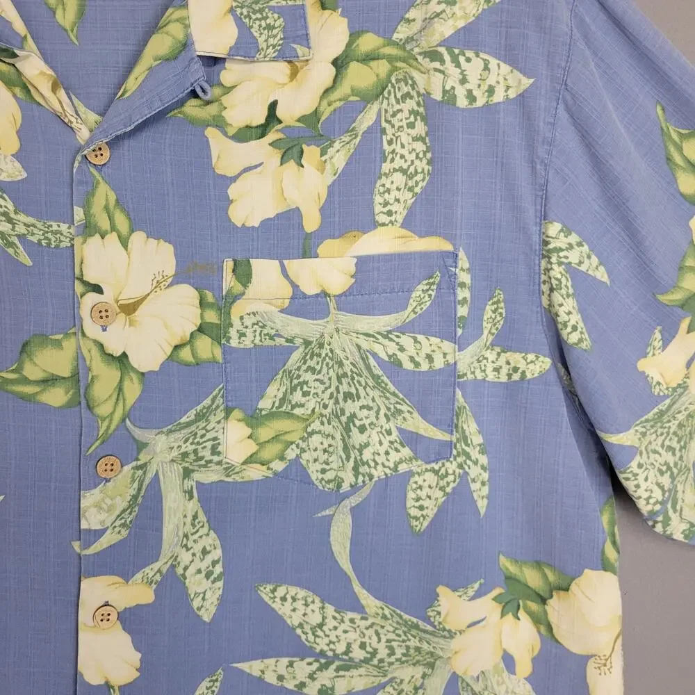 Bermuda Bay 100% Silk Shirt Mens L Blue Hawaiian Buttons Floral Short‎ Sleeve